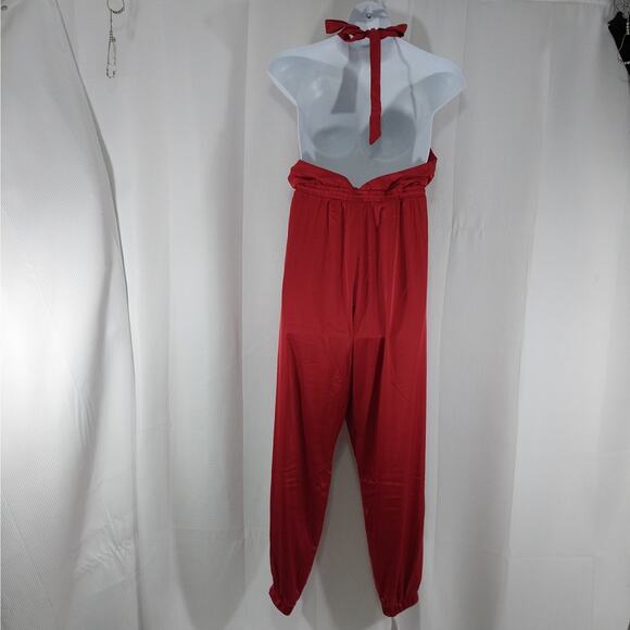 NWT! FASHION NOVA! RUBY RED DATIN HALTER TOP ONESIE, JUMPSUIT, ROMPER! SZ 2X - Picture 6 of 13